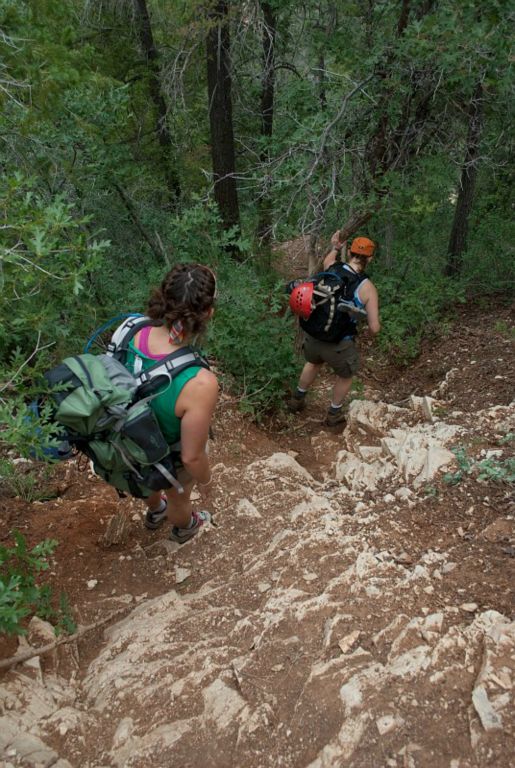 Kate Feller and Megan Porter heading down the slope into Mystery Canyon.
