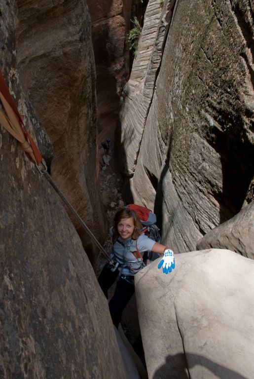 Janel Macy on the first rappel in Mystery Canyon