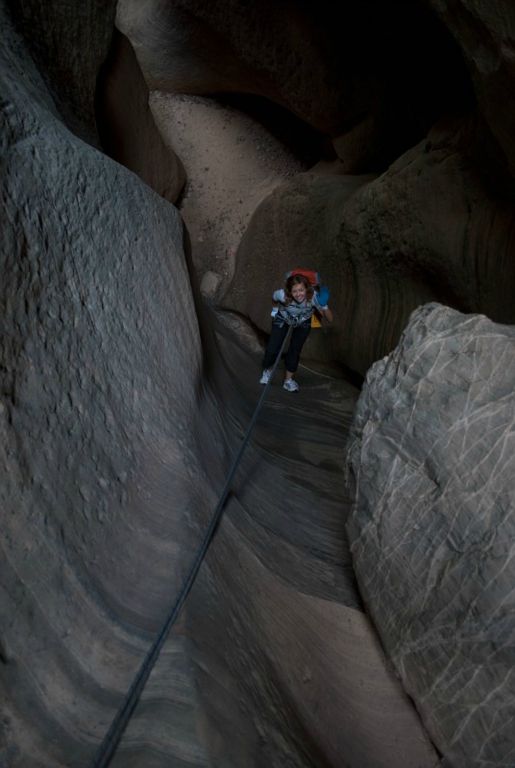 Janel Macy rappeling in Mystery Canyon.