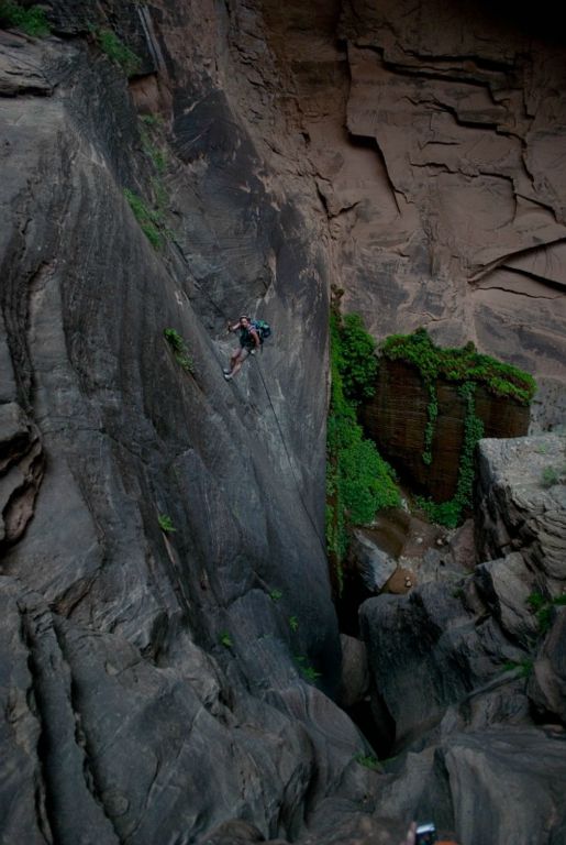 Kate Feller on the 115-ft, Mystery Spring rappel in Mystery Canyon