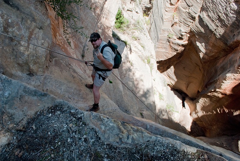 Chad Utterback at the start of the 300-ft rappel into Englestead Canyon.