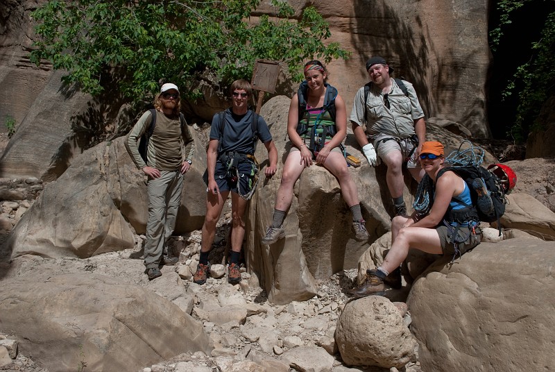 A group photo at the confluence of Englestead Canyon with Orderville Canyon - Tim Barnhart, Jon Jasper, Kate Feller, Chad Utterback, and Megan Porter