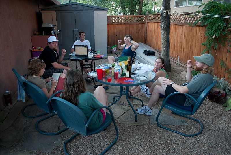 The group hanging out at Joel's place for a goodbye barbeque dinner.Terri Bedore, Janel Macy, Chad Utterback, Joel Silverman, Megan Porter, Kate Feller, Tim Barnhart.