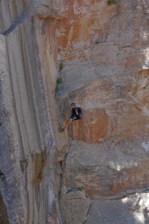 Jon Jasper on the 300-ft rappel in Englestead Canyon.  Photo by Janel Macy.